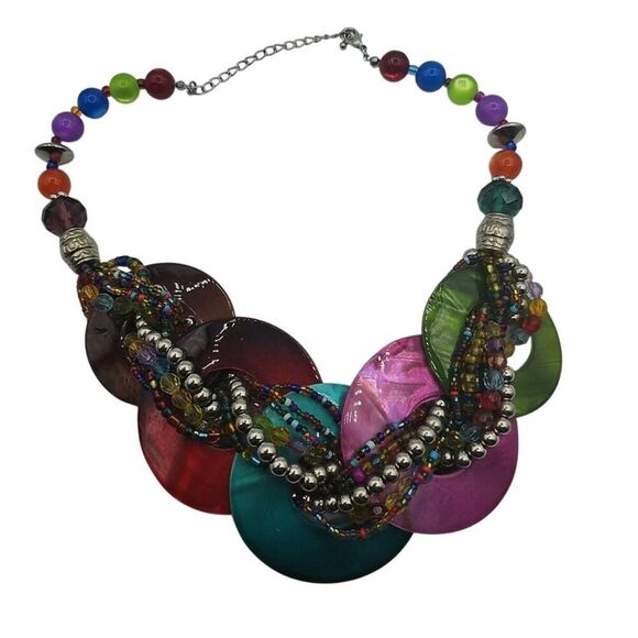 Chunky Disc Circle Hoop Shell Necklace Bib Twist Bead Circle Mother of Pearl 16" - Picture 1 of 10